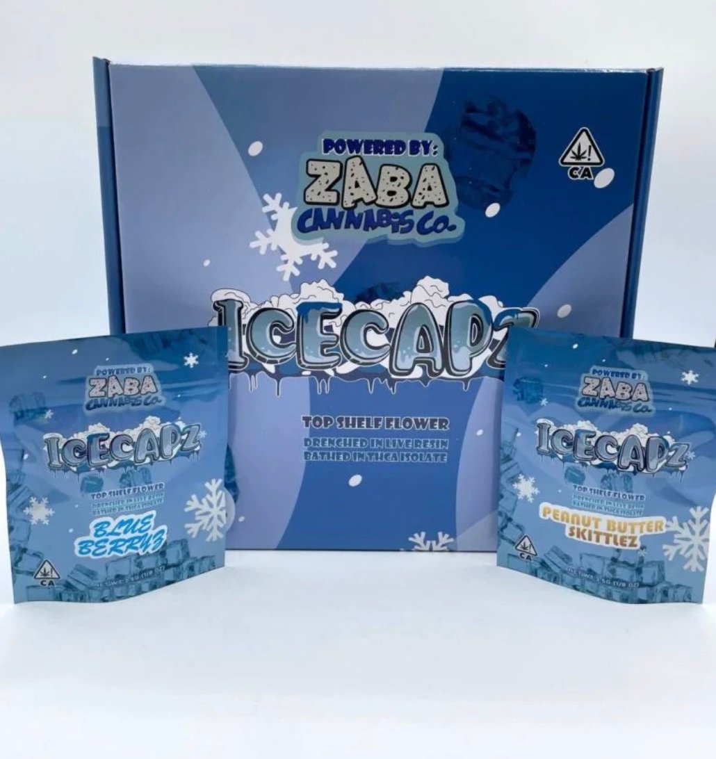 Snow Caps Weed Ice Capz top shelf flower pouches and box