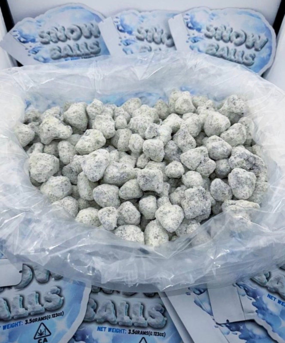 Snow Cones snow-capped cannabis nugs in a sealed bag